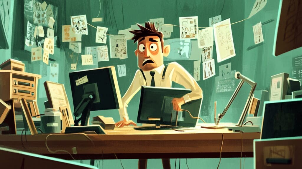 Empresário cercado por dispositivos desorganizados, contrastando com um cenário de tecnologia integrada e eficiente.