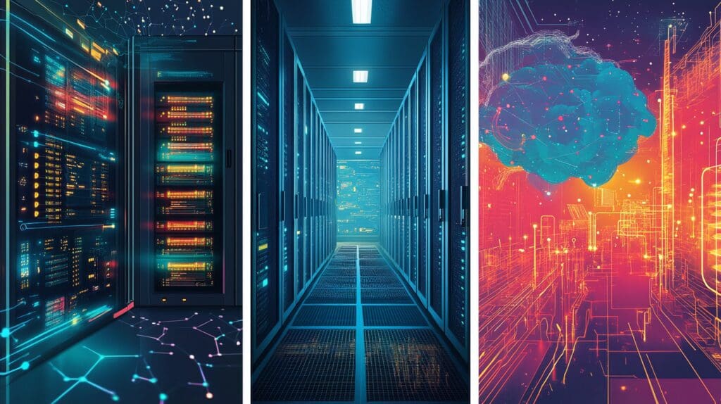 Comparação entre servidor corporativo, nuvem e servidor compartilhado em um escritório moderno.