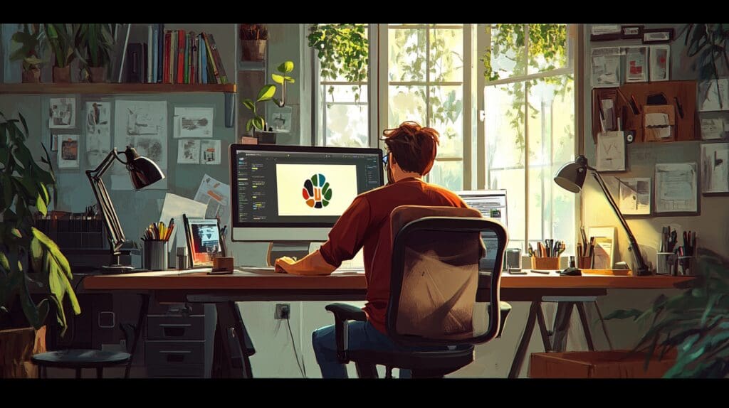 Designer criando identidade visual em um computador, com mockups de branding e paletas de cores ao redor.