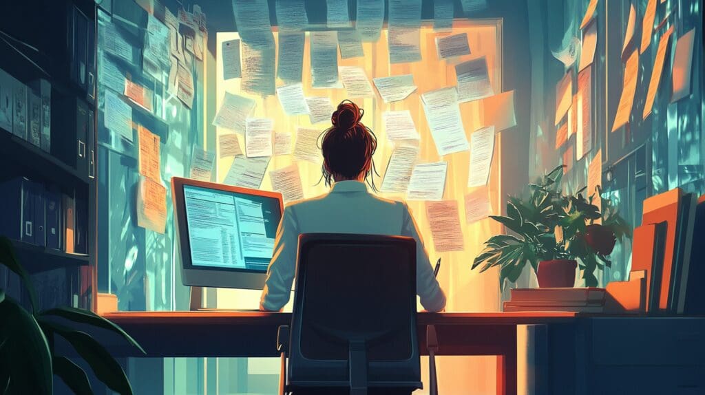 Empresário comparando planilhas confusas com um painel organizado de ferramentas profissionais.