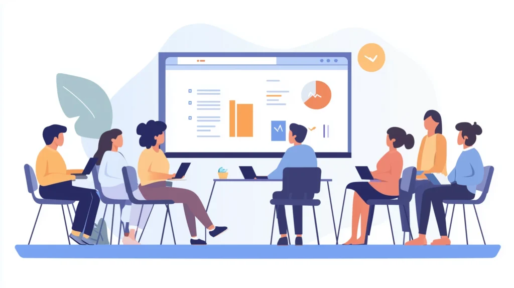 Funcionários de pequenas empresas em uma sessão de treinamento brilhante, aprendendo novas habilidades com uma apresentação digital em uma tela grande. Atmosfera positiva, mostrando trabalho em equipe e engajamento, com indivíduos diversos.