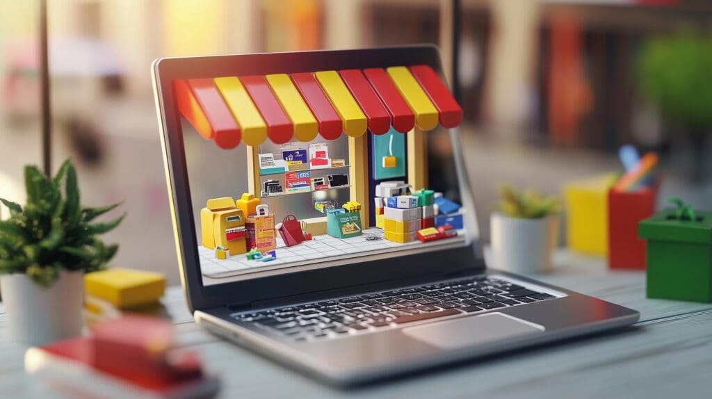 Empresário criando uma loja virtual em um laptop, com produtos prontos para envio ao fundo