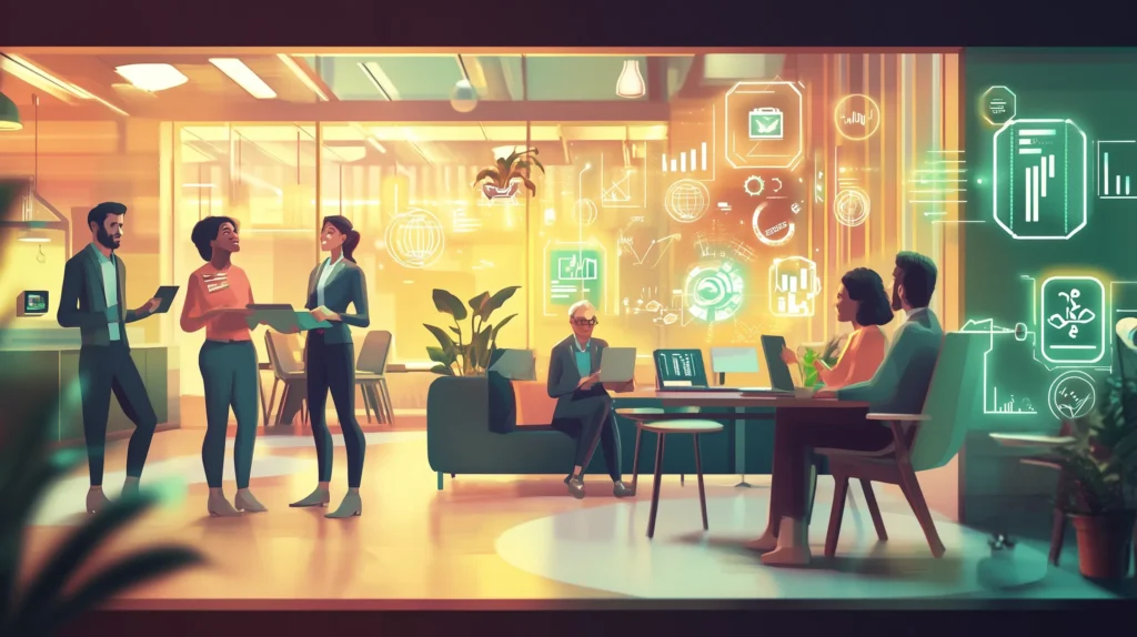 Uma ilustração conceitual de um pequeno escritório comercial, mostrando colaboração e um ambiente acolhedor. Funcionários diversos envolvidos em trabalho em equipe, com ícones digitais representando crescimento, treinamento e flexibilidade ao redor da cena.