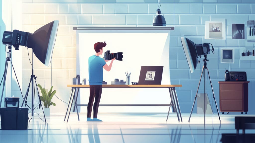 Fotógrafo ajustando iluminação para capturar uma imagem de produto em um fundo branco, com equipamentos profissionais ao redor.