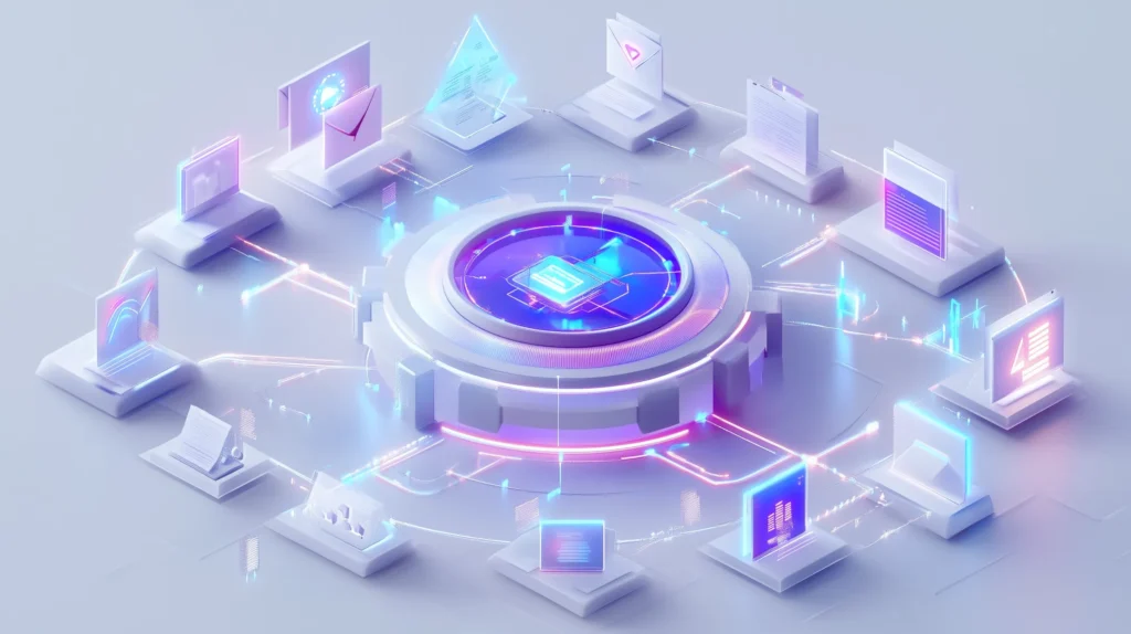 Uma representação conceitual de automação de marketing: uma rede brilhante e interconectada de elementos digitais, como envelopes de e-mail, ícones de clientes e gráficos, todos orbitando um hub central que simboliza controle e estratégia.