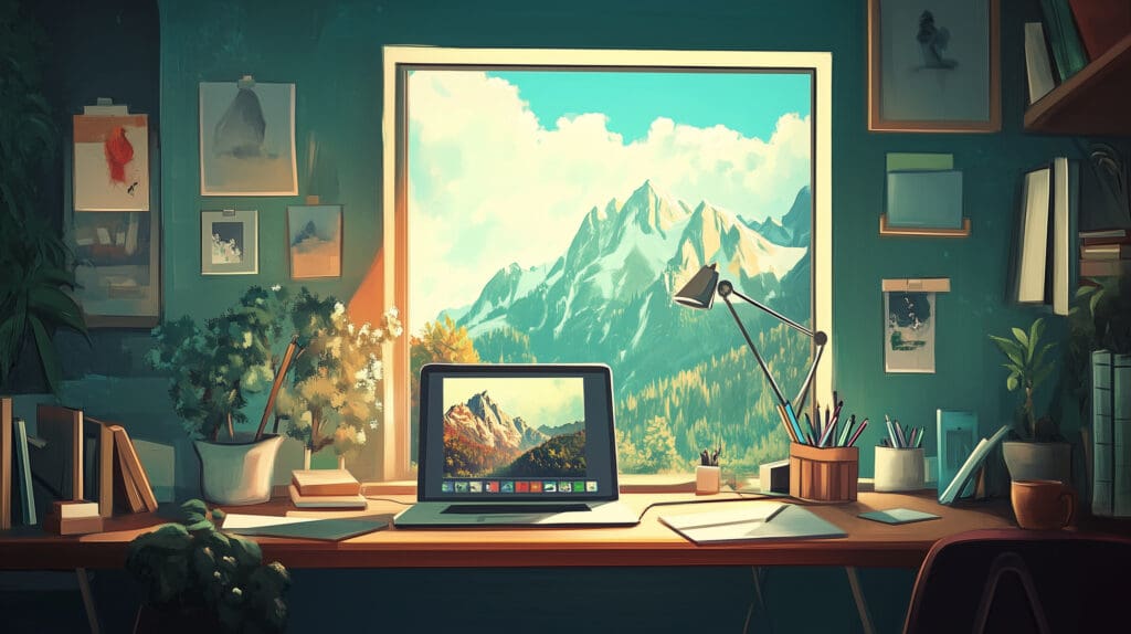 Notebook em um escritório com janela ao fundo, com a vista da janela sendo reproduzida na tela do notebook.