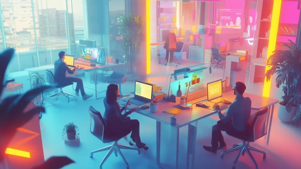 Equipe de uma pequena empresa usando tecnologia avançada para colaborar remotamente em um ambiente futurista e inovador.