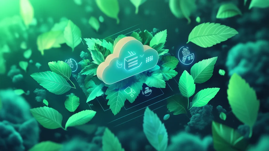Uma ilustração conceitual de tecnologia e sustentabilidade: uma pequena empresa cercada por elementos digitais ecológicos, como folhas se formando ao redor de uma nuvem digital brilhante, simbolizando processos sem papel e inovação verde.