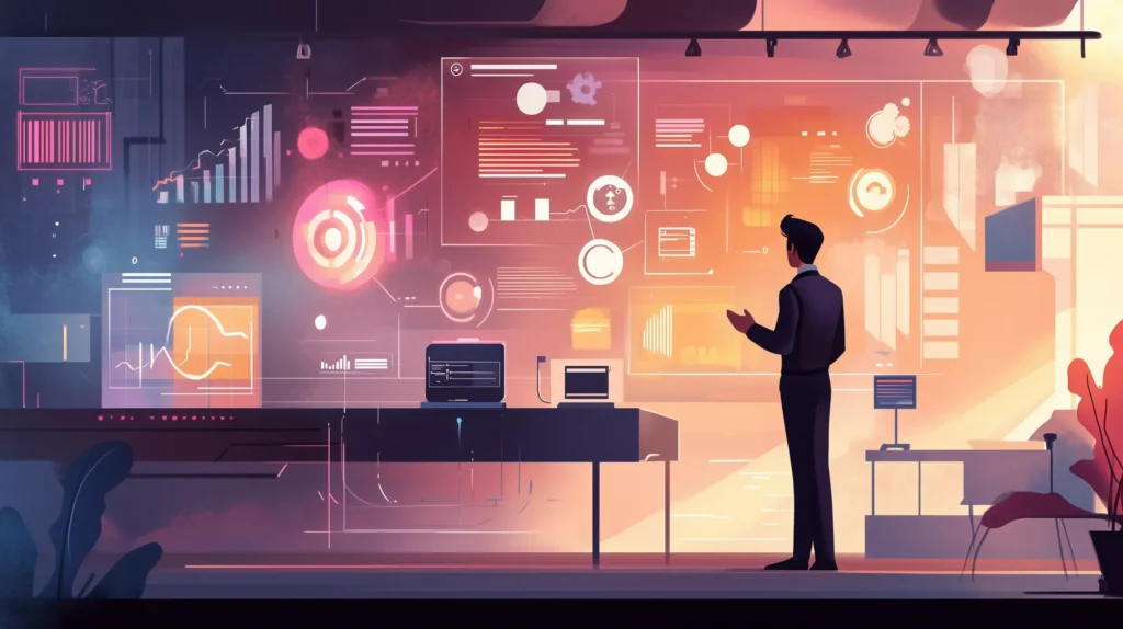 Um pequeno empresário em pé, confiante, em um ambiente de trabalho futurista, cercado por ferramentas holográficas, como gráficos, um chatbot, ícones de armazenamento em nuvem e engrenagens representando automação.