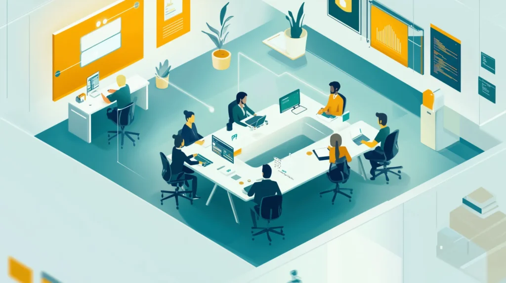 Representação visual de uma equipe de pequenos negócios conectada e engajada em um ambiente colaborativo.