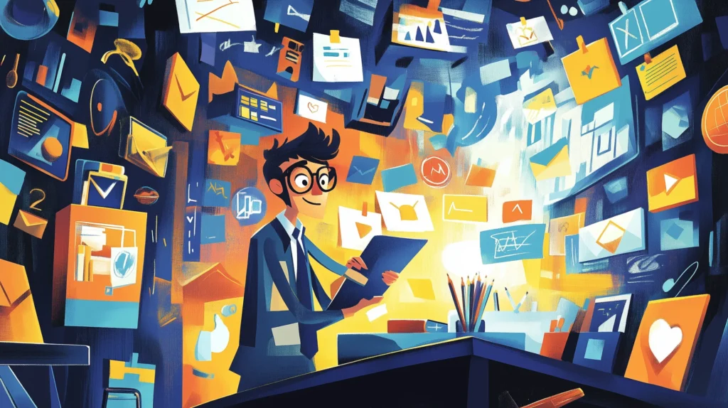 Ilustração de um pequeno empresário criando conteúdos atrativos para redes sociais e blogs.