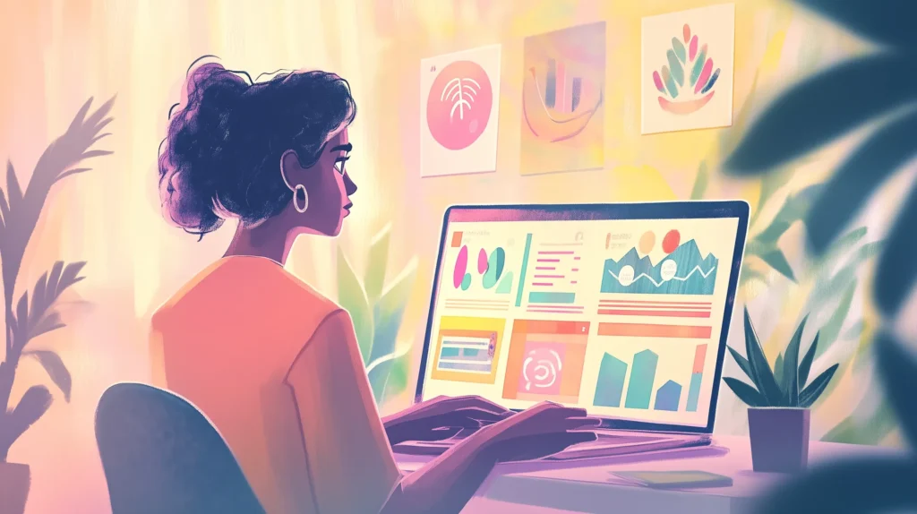 Uma ilustração envolvente de um pequeno empresário usando um painel de CRM em um laptop, com elementos visuais como gráficos, perfis de clientes e ícones que representam interações com clientes.