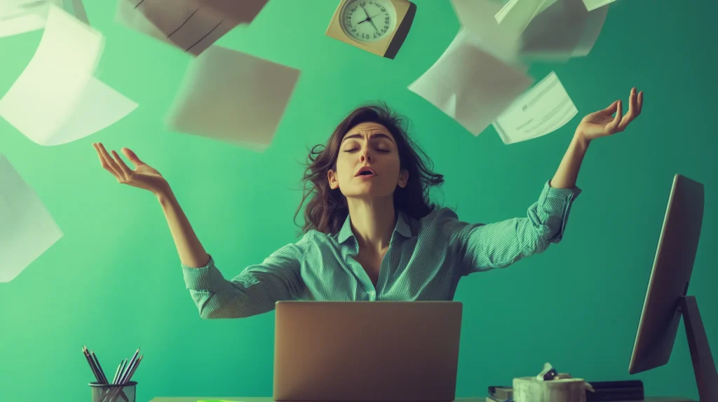 Um empreendedor estressado mal consegue dar conta de suas tarefas, enquanto outro, calmo, usa ferramentas de gestão de tempo em seu computador. O fundo verde simboliza produtividade.