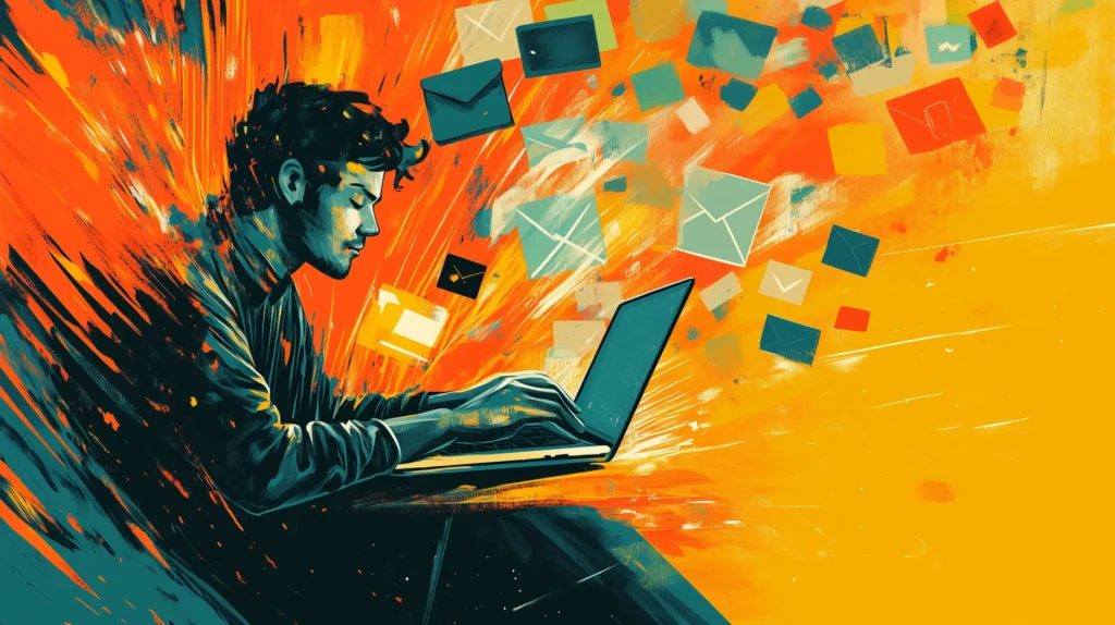 Uma ilustração criativa e vibrante de um pequeno empresário fazendo brainstorming e criando conteúdo em um laptop, com ícones coloridos representando blogs, mídias sociais e marketing por e-mail flutuando. A cena transmite simplicidade, crescimento e engajamento.