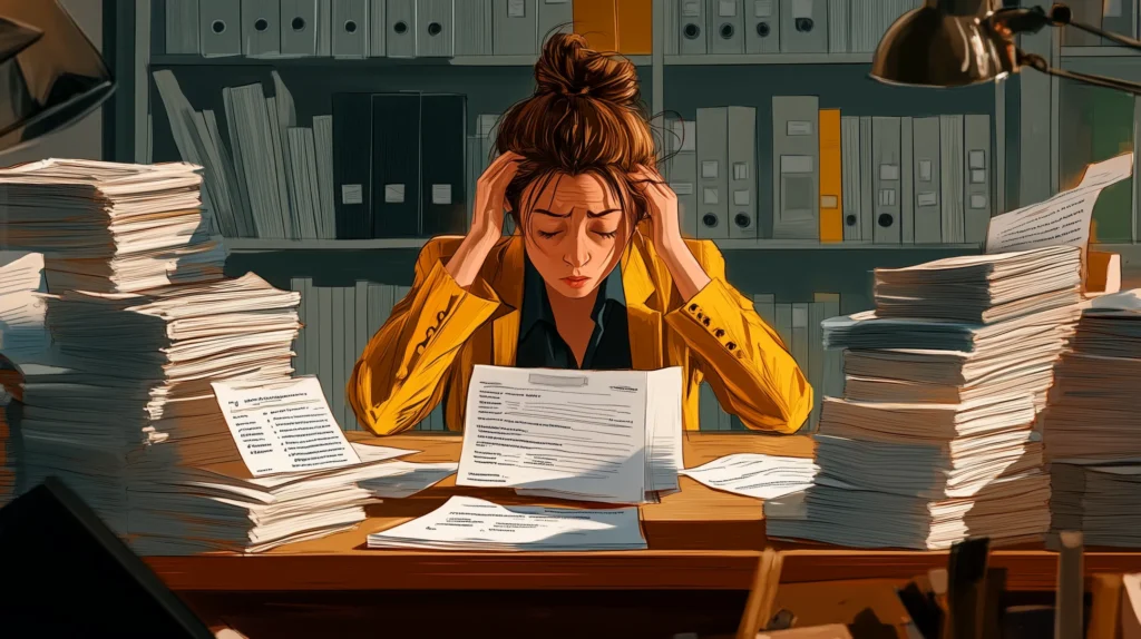 Ilustração de uma empresária em uma mesa de escritório, com pilhas de faturas, planilhas impressas, catálogos de produtos, currículos e arquivos. A imagem é desesperada, indicando ineficiência nas operações comerciais.