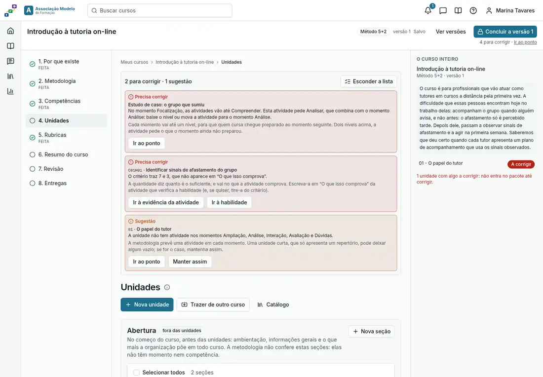 Tela do MiwLab: a conferência aponta o que corrigir no curso, com botão para ir ao ponto